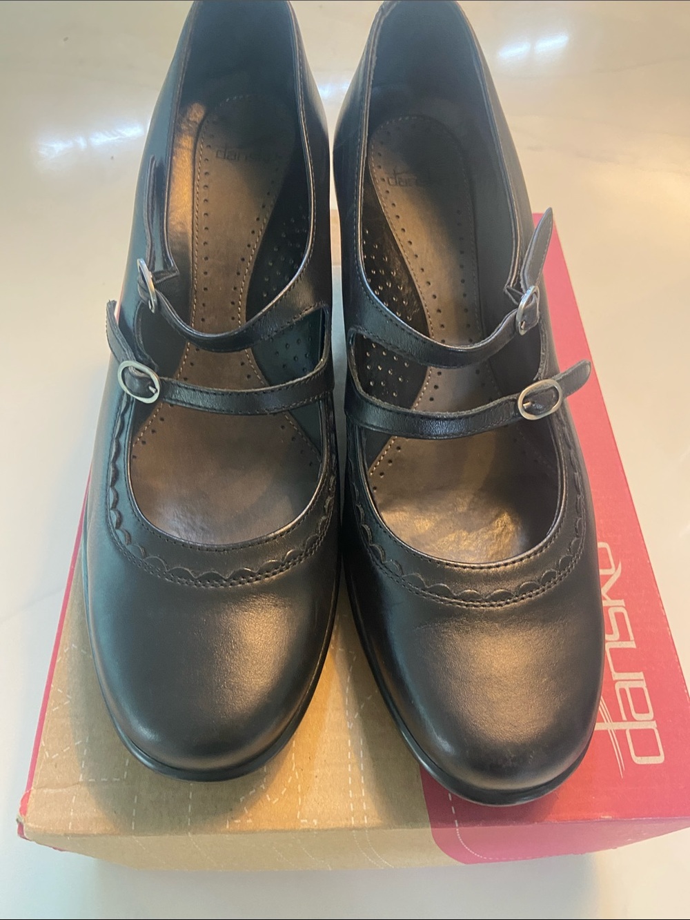 Dansko Black Leather Double-Strap Mary Jane Heels - Picture 3 of 16